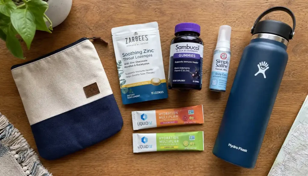 Travel health essentials including vitamins, sanitizer, and electrolytes laid out for packing