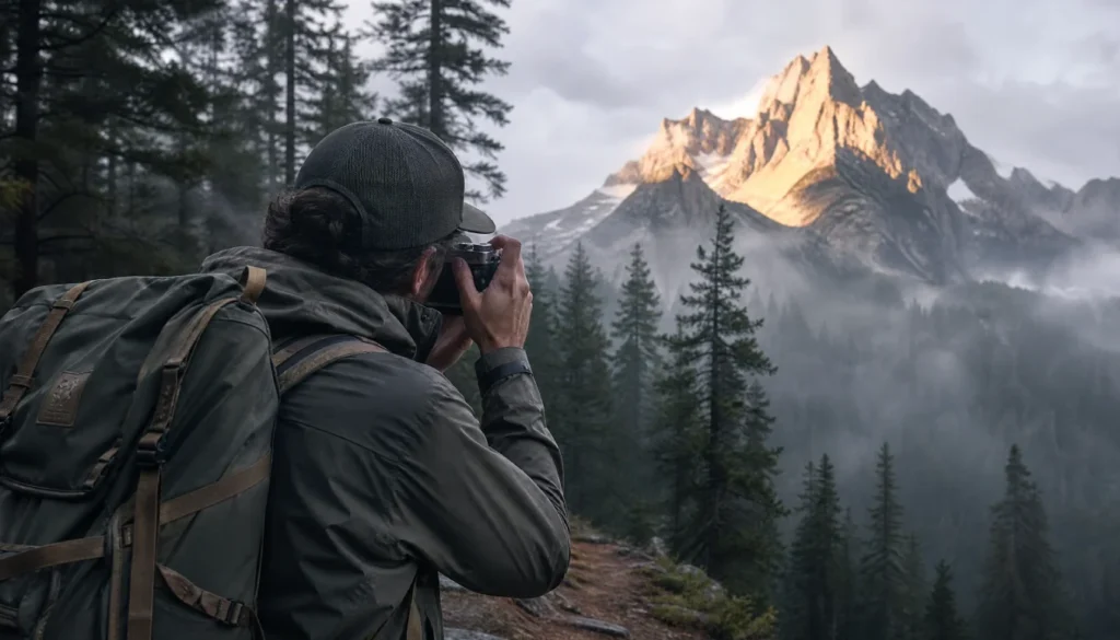 Travel photographer using Fujifilm X100VI on a misty mountain trail in 2026
