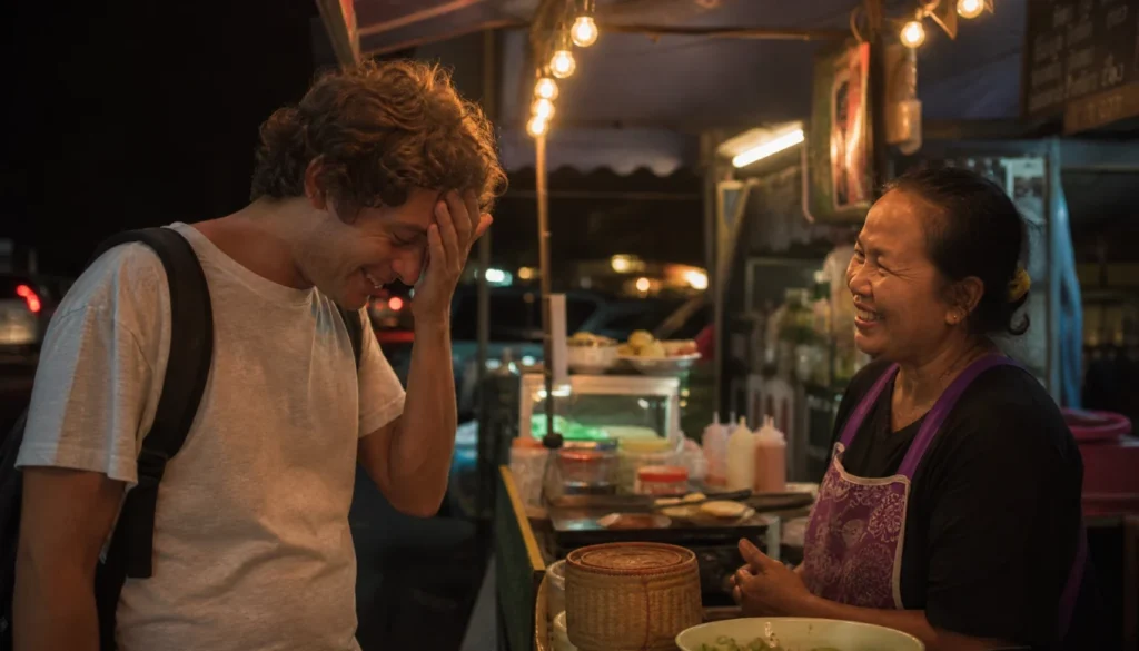 Traveler laughing after mispronouncing a phrase while a local vendor smiles