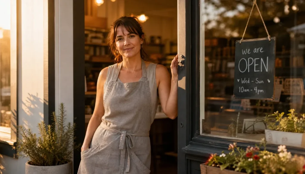 Small business owner standing confidently in front of their new business