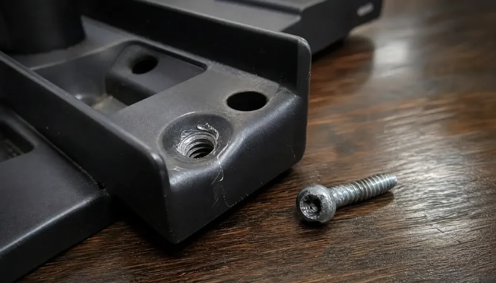 A stripped screw hole and damaged screw from a TV mount