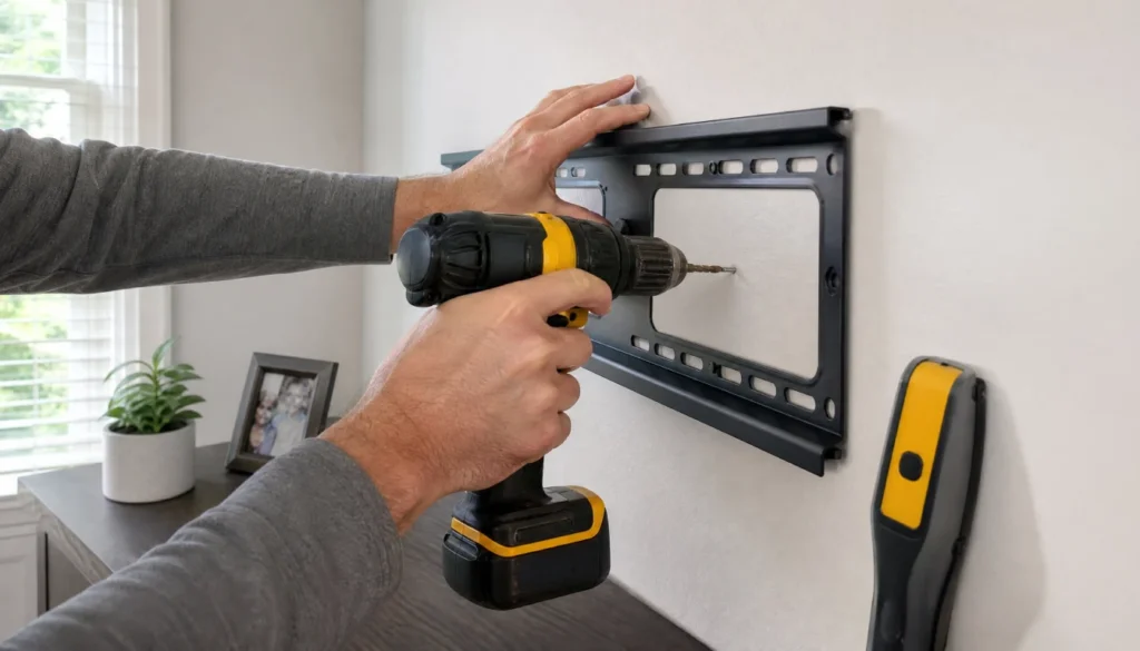 Drilling into a wall stud to install a TV mount bracket