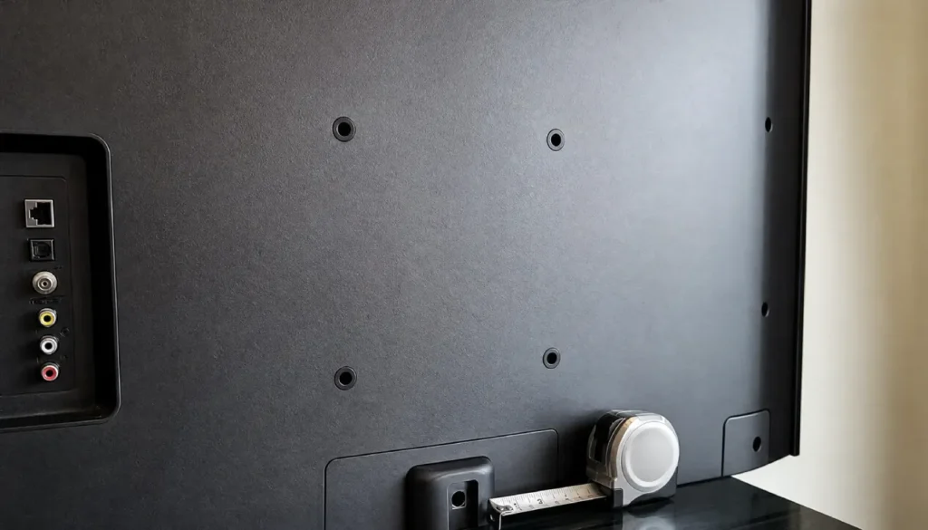 Back of a TV showing the VESA mounting hole pattern