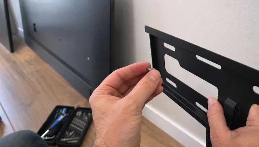Hands holding a screw next to a TV wall mount bracket before installation