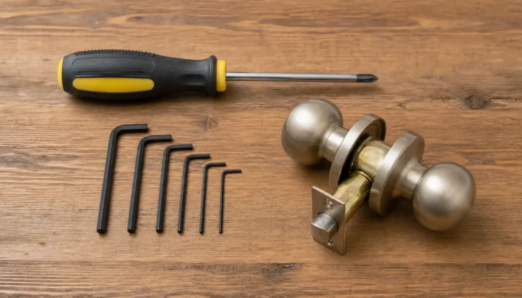 Screwdriver and Allen wrench needed to fix a loose doorknob