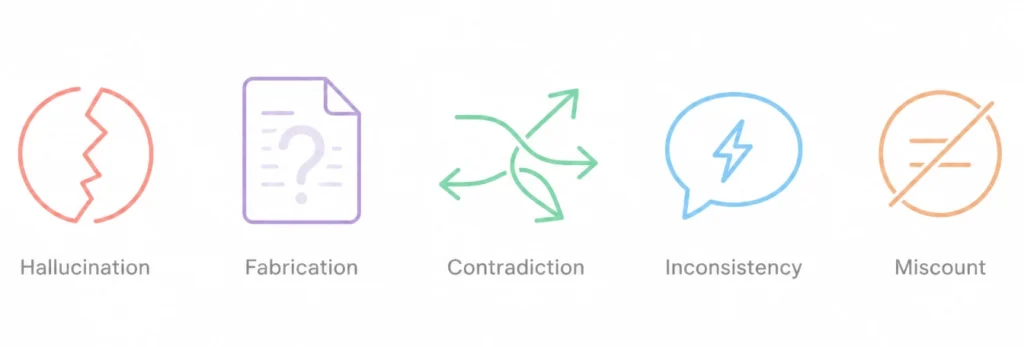 Icons representing different types of AI hallucinations including factual, source, and logical errors