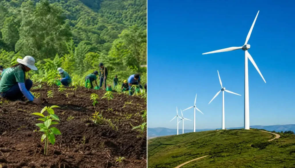 Reforestation planting site next to a wind farm representing carbon offset projects