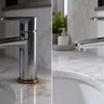 Before and after chrome faucet rust removal using vinegar and baking soda