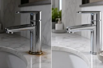 Before and after chrome faucet rust removal using vinegar and baking soda