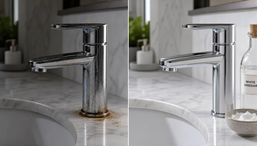 Before and after chrome faucet rust removal using vinegar and baking soda
