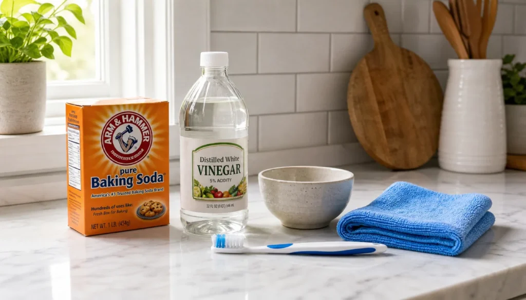 Ingredients for homemade bathroom rust cleaner, baking soda, vinegar, toothbrush, microfiber cloth