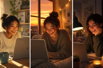 Three friends in different time zones watching a virtual movie night together