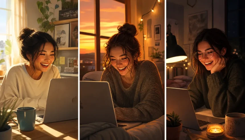 Three friends in different time zones watching a virtual movie night together