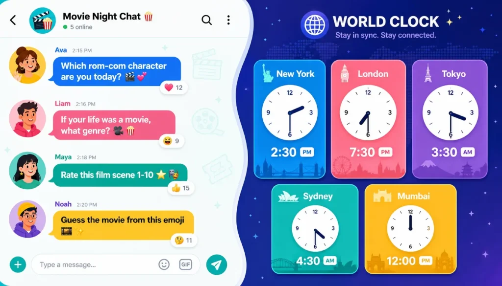 Group chat showing movie night icebreaker questions and emoji reactions, with clocks displaying three different time zones