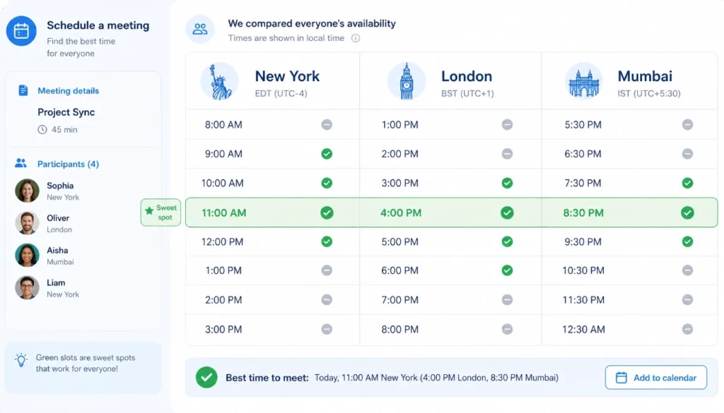 Scheduling poll showing the best overlapping time for a virtual movie night across New York, London, and Mumbai time zones