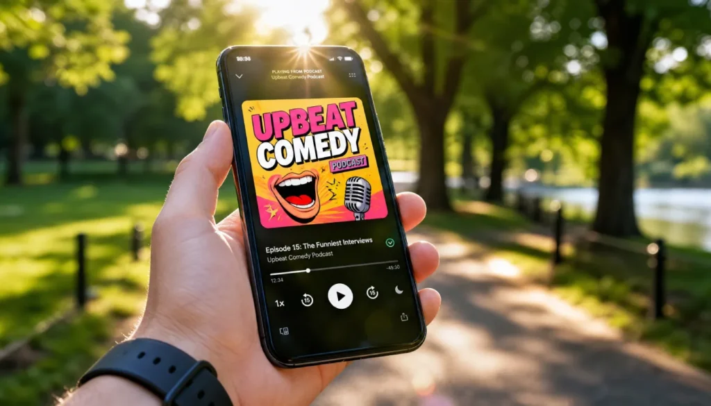 Smartphone with podcast app open while walking outdoors