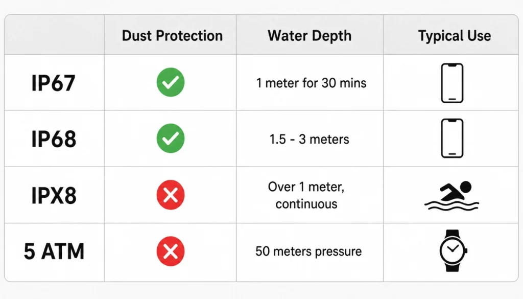 Comparison chart of IP67, IP68, IPX8 and 5 ATM water resistance ratings