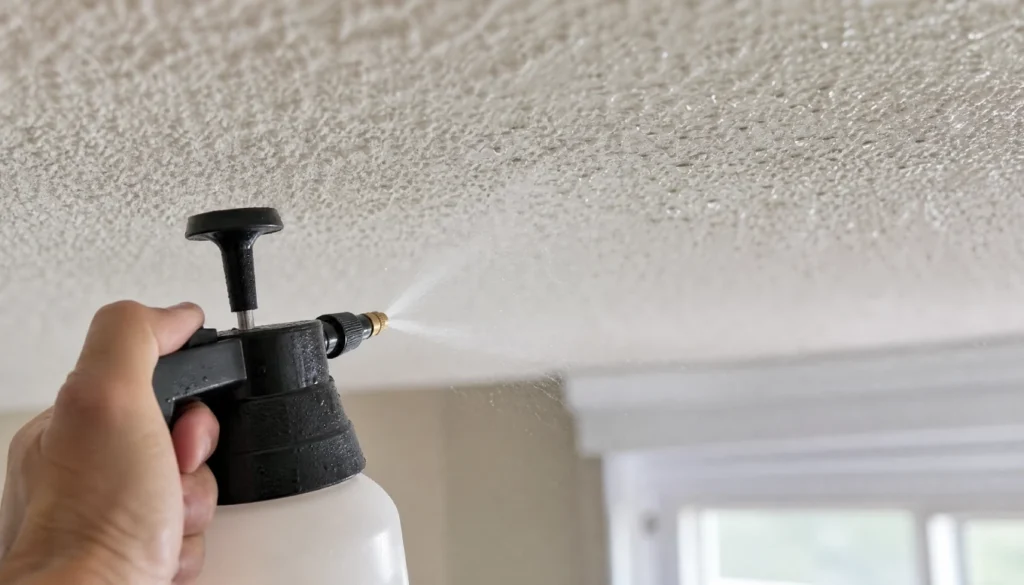 Close up of water being sprayed onto popcorn ceiling texture before scraping