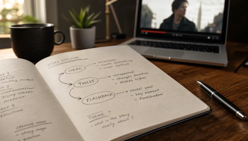 Notebook with handwritten story notes and a laptop showing a paused movie scene