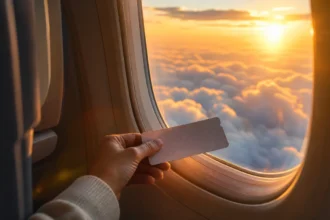 Passenger looking out an airplane window at sunset while holding a boarding pass