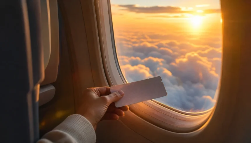 Passenger looking out an airplane window at sunset while holding a boarding pass