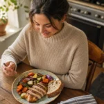 Woman sitting at a table enjoying a plate of food without counting calories
