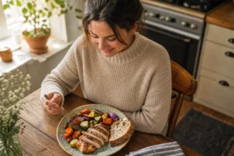 Woman sitting at a table enjoying a plate of food without counting calories