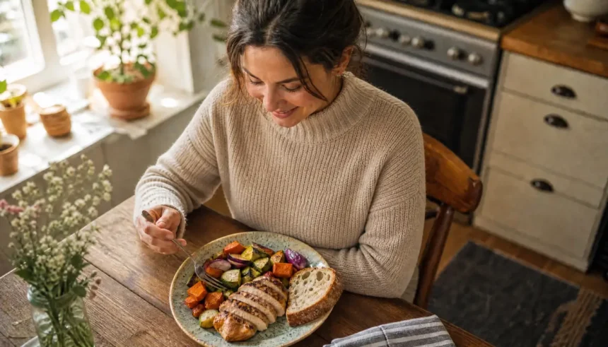 Woman sitting at a table enjoying a plate of food without counting calories