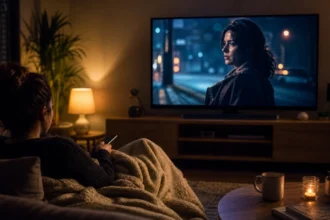 Person watching a cinematic prestige TV drama at home in a cozy living room