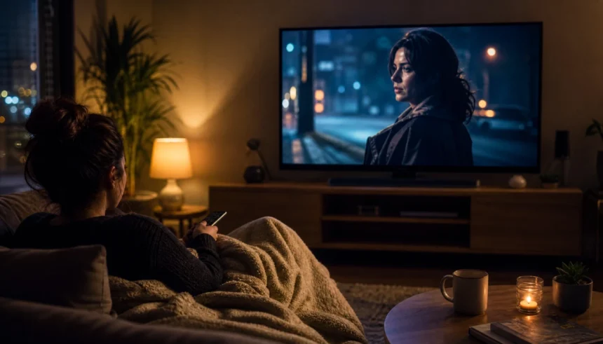 Person watching a cinematic prestige TV drama at home in a cozy living room