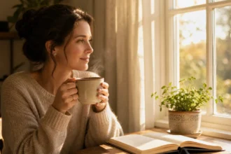Woman enjoying a quiet slow morning routine with coffee by a sunlit window