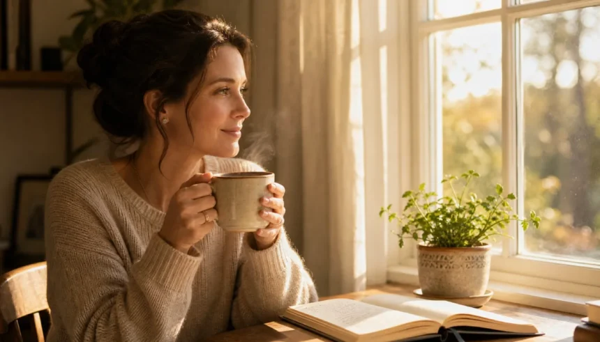 Woman enjoying a quiet slow morning routine with coffee by a sunlit window