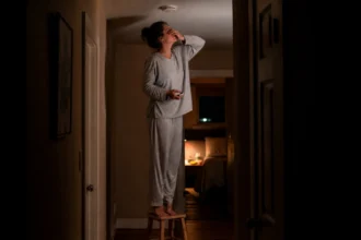 Tired homeowner standing on a stool at night trying to fix a chirping smoke alarm