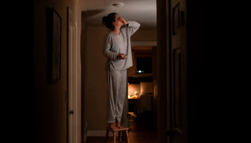 Tired homeowner standing on a stool at night trying to fix a chirping smoke alarm