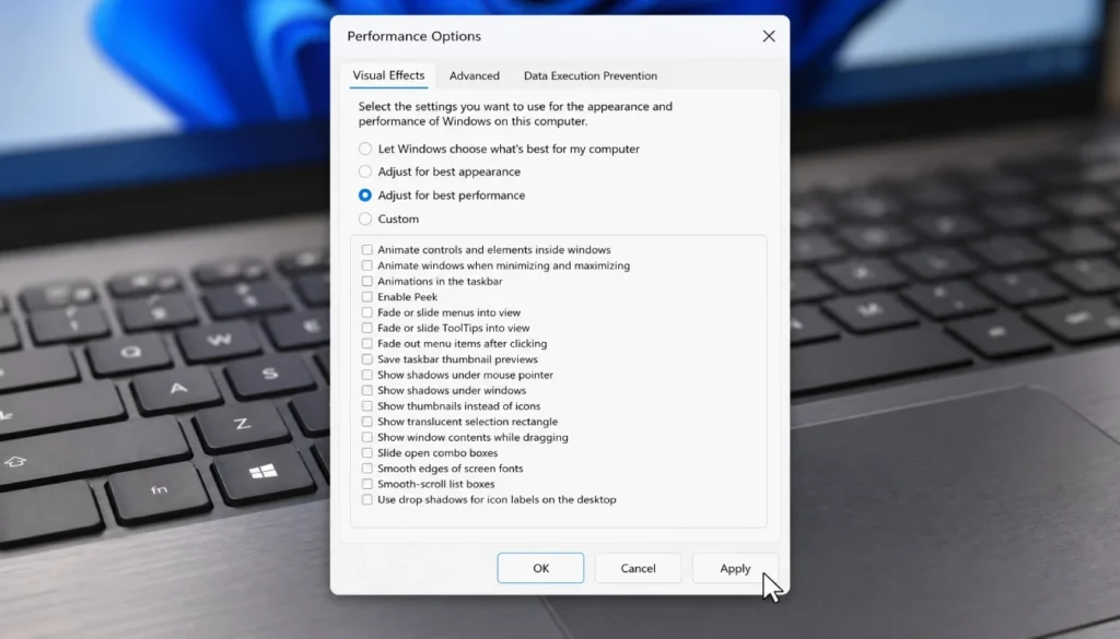 Windows 11 Performance Options window with Adjust for best performance chosen