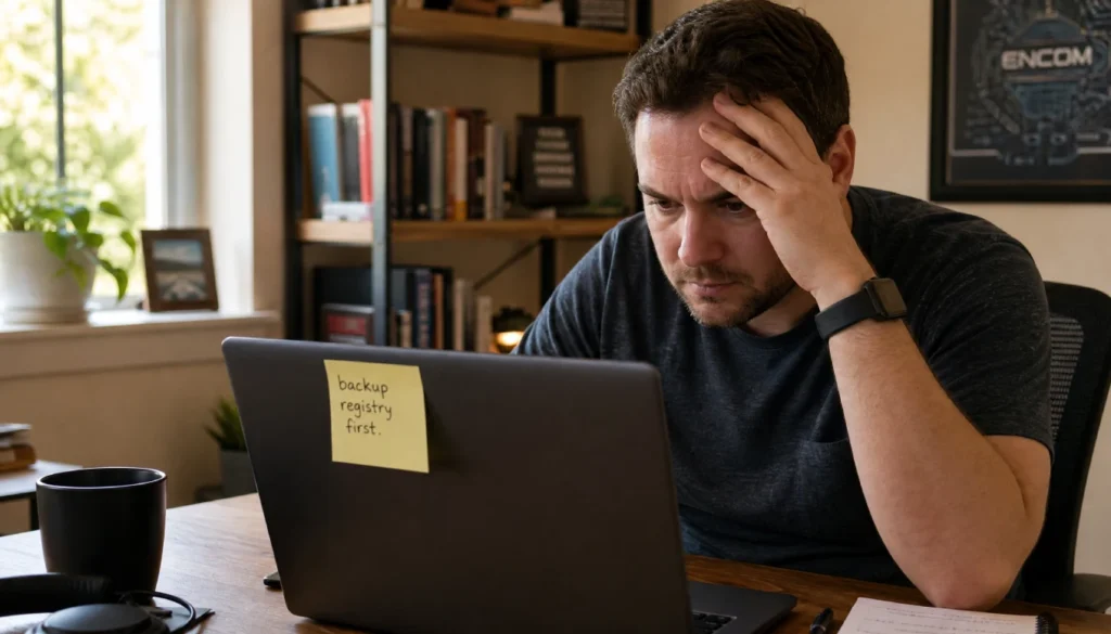 Person reminding themselves to back up their registry before making changes
