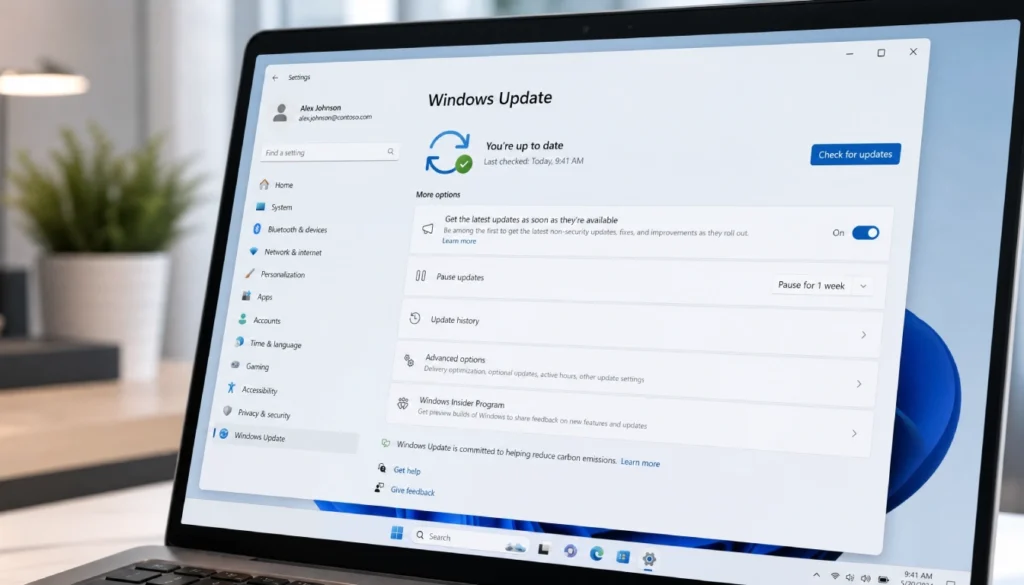 Windows Update settings screen showing pause updates option
