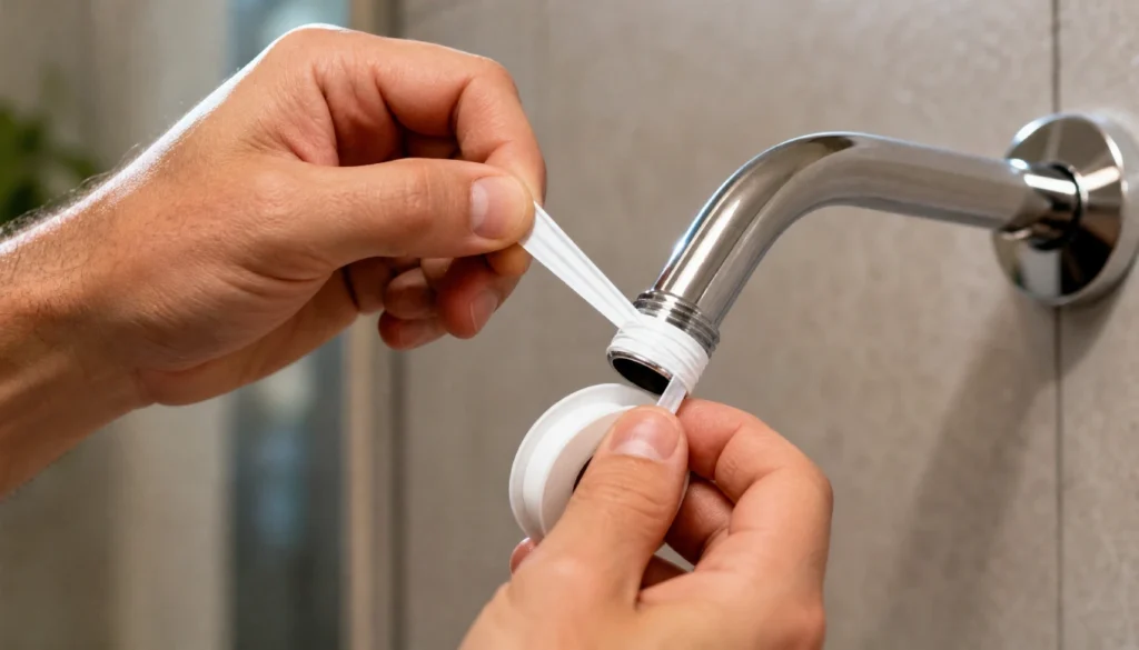 Hands wrapping plumber's tape on a shower arm before reinstalling the shower head
