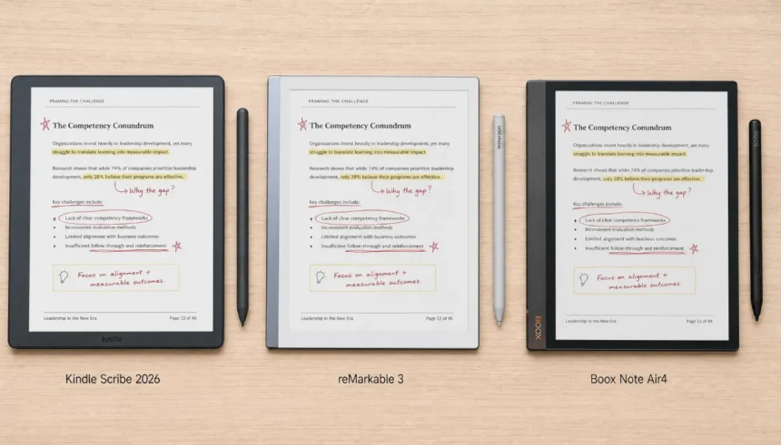 Kindle Scribe vs reMarkable 3 vs Boox Note Air4 digital notebook comparison 2026