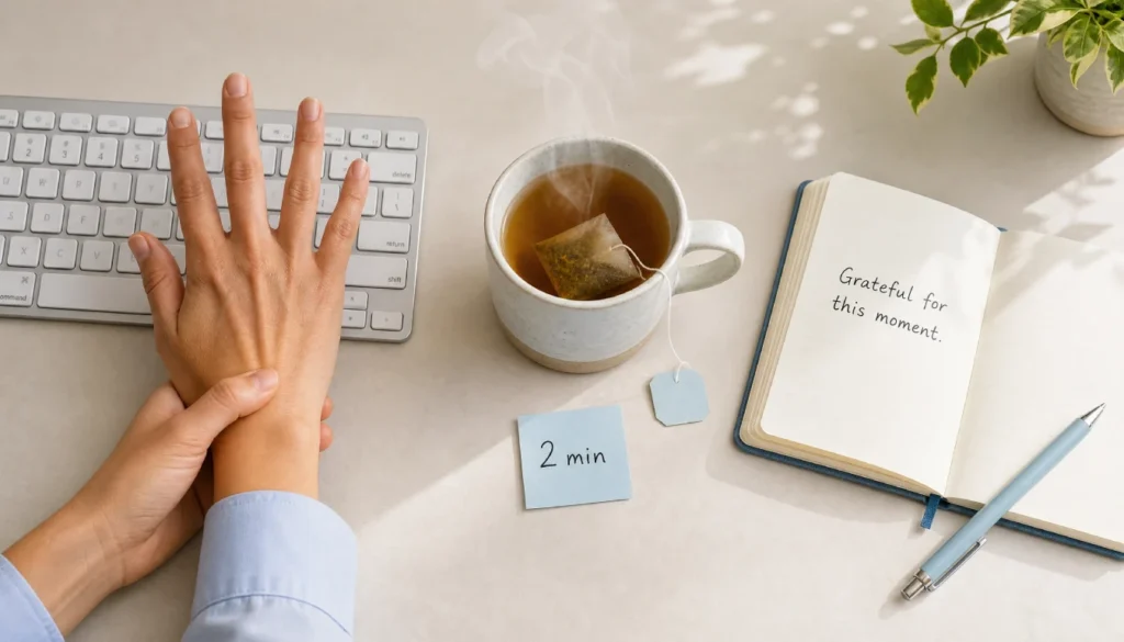 Collage of 5-minute self-care ideas: hand stretch, tea ritual, gratitude journaling