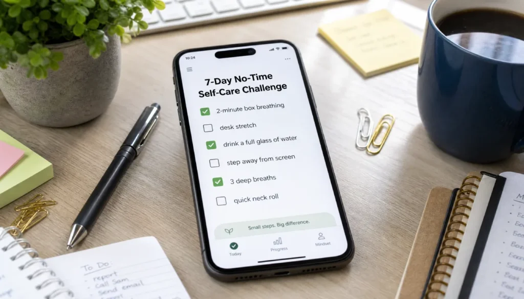 Smartphone displaying a 7-day micro self-care challenge checklist on a busy desk