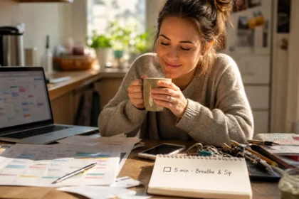 Busy person enjoying a 5-minute self-care break at a cluttered kitchen table