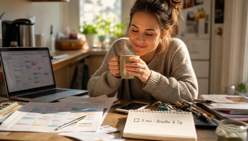 Busy person enjoying a 5-minute self-care break at a cluttered kitchen table