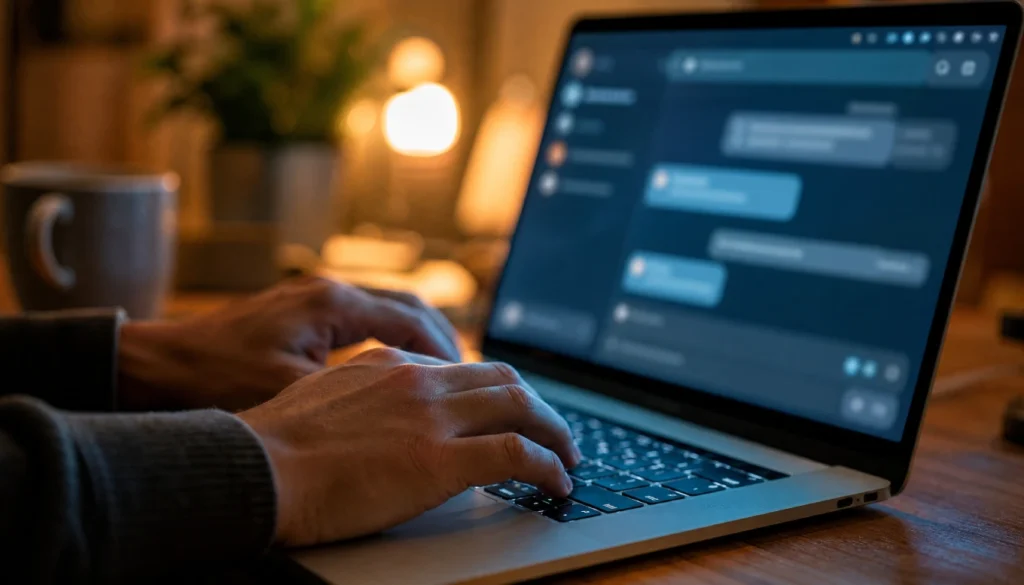 Person typing on laptop using an AI chat tool at home