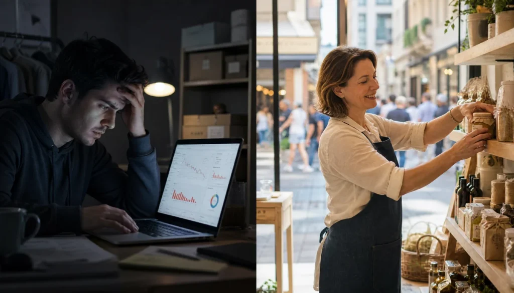 Comparison of struggling online seller and thriving local shop owner