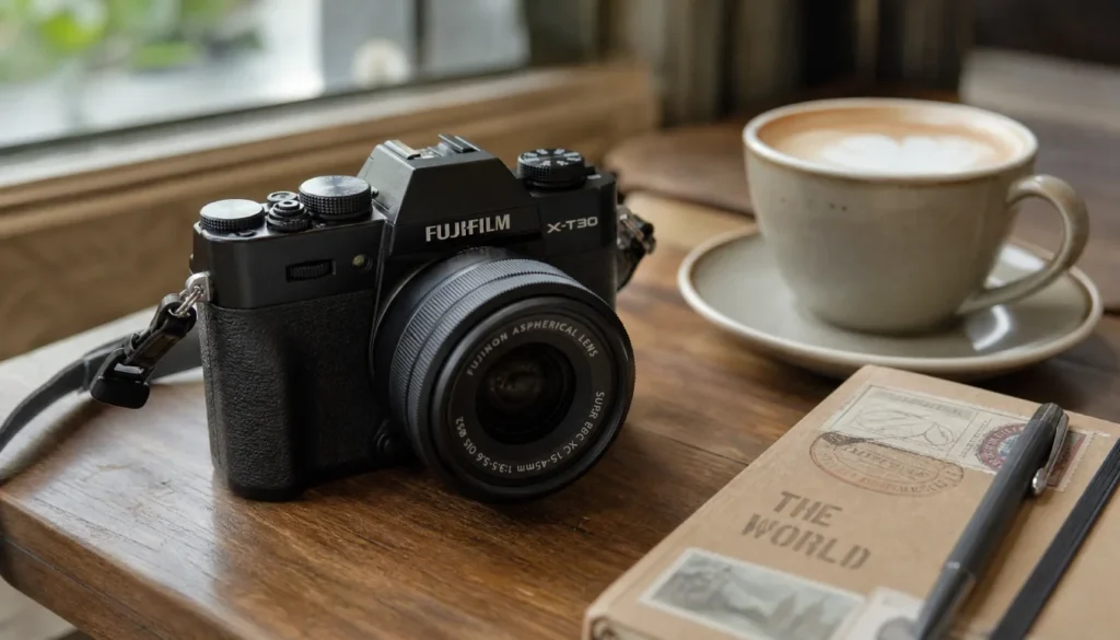 Compact mirrorless camera on a cafe table with coffee and a notebook in soft natural light