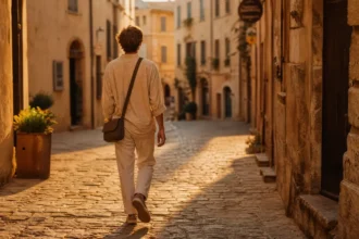 Traveler walking down a quiet cobblestone street at golden hour in candid travel photo style