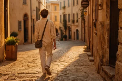 Traveler walking down a quiet cobblestone street at golden hour in candid travel photo style