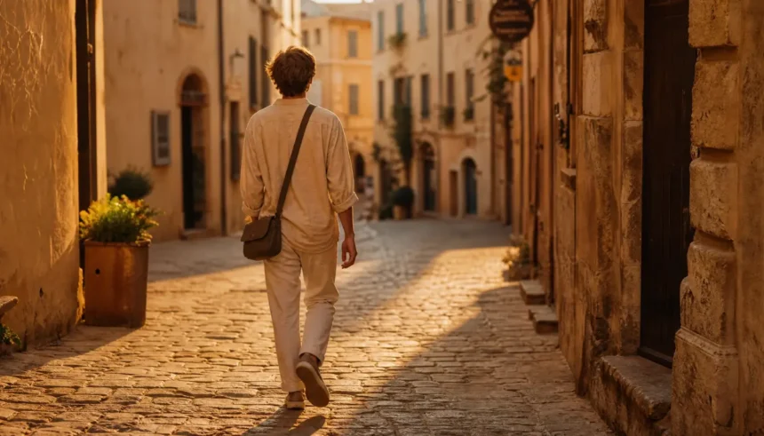 Traveler walking down a quiet cobblestone street at golden hour in candid travel photo style