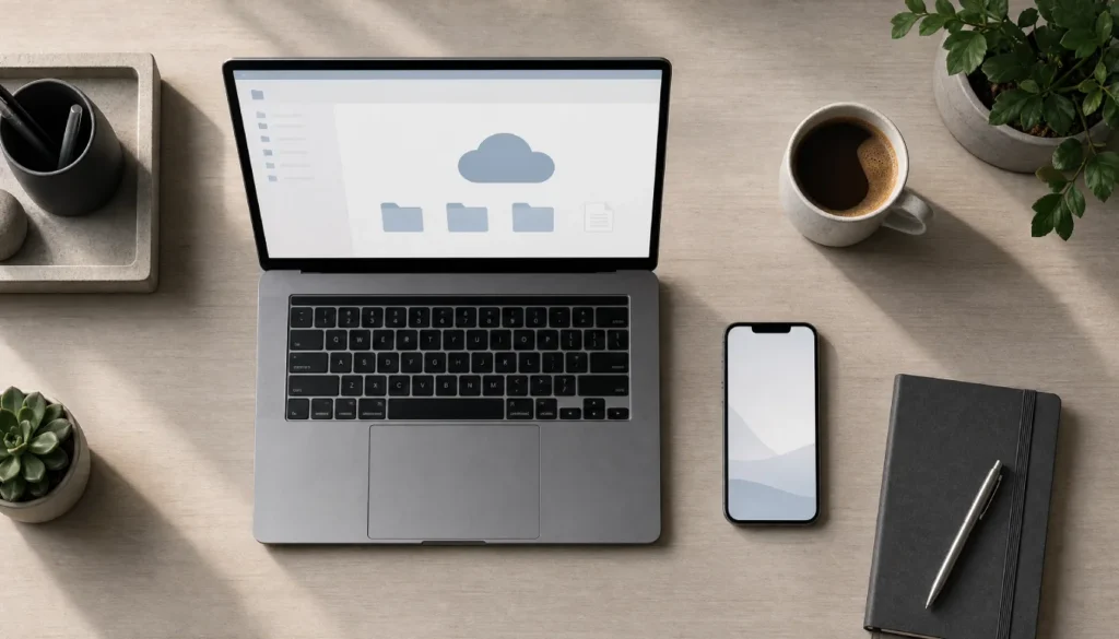 Laptop and phone on a desk representing cloud storage and connected devices